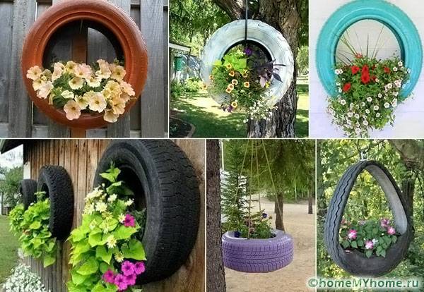 Parterres de fleurs suspendus en pneus