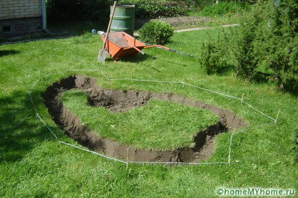 Contour marking and digging a trench for laying stones
