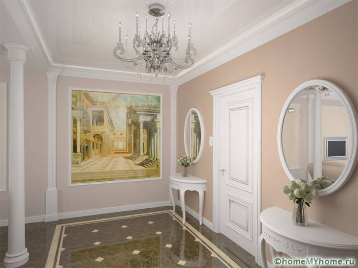 The classic interior includes benches, mirrors and panels