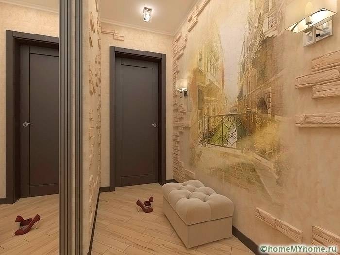 Cozy beige and coffee tones are perfect for decorating a corridor. Frescoes and panels serve as a stylish addition.