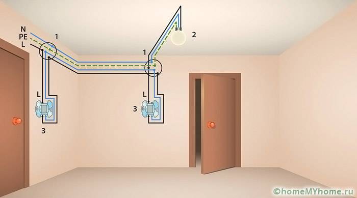 Pass-through switch: wiring diagram for 2 points