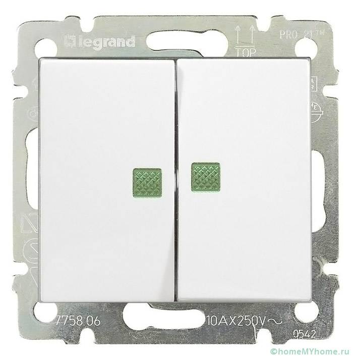 Backlit Legrand two-button switch
