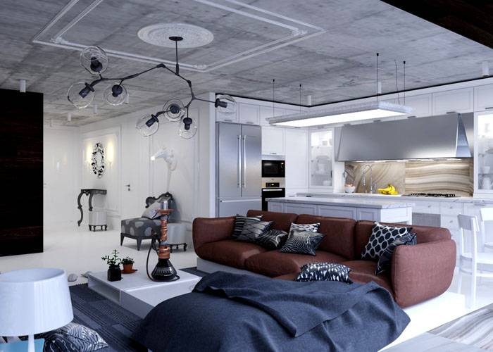 Il cemento grigio accentuerà il lampadario originale