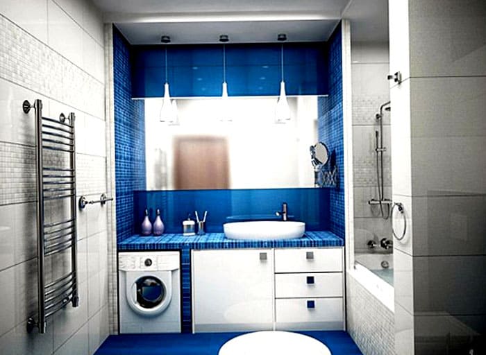 The washing machine looks good under the countertop, does not interfere with the passage, fits into the furniture