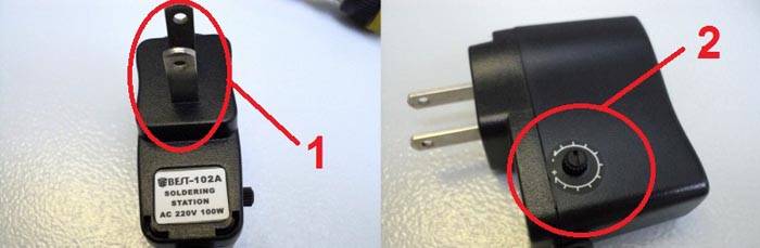 Για ένα τέτοιο βύσμα (1), πρέπει να αγοράσετε έναν προσαρμογέα για μια ευρωπαϊκή τυπική πρίζα. Η έλλειψη σήμανσης (2) καθιστά δύσκολη τη ρύθμιση της επιθυμητής θερμοκρασίας