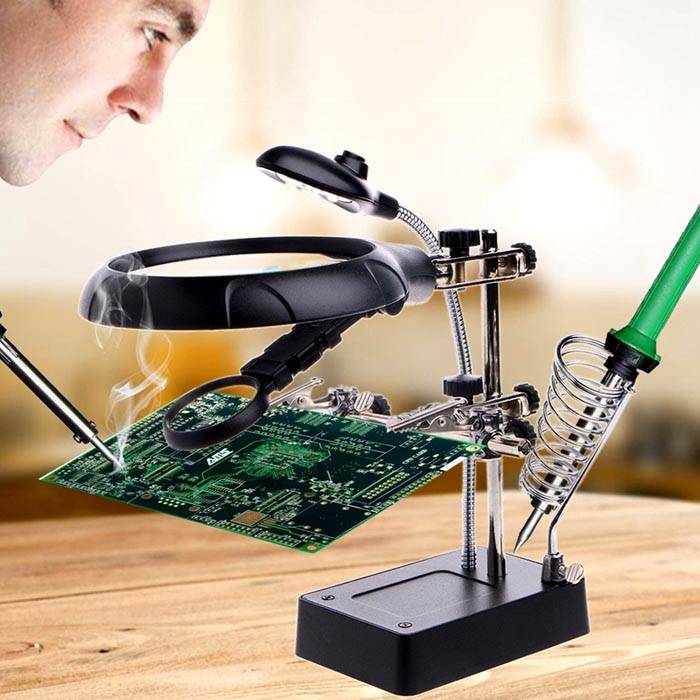 Σετ συγκόλλησης: μεγεθυντικός φακός, βάσεις με κλιπ κροκόδειλου, φωτισμός, βάση ελατηρίου