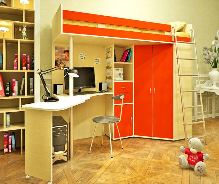 За да поставят тийнейджърско таванско легло с работна зона в определен интериор, те използват компютърна графика
