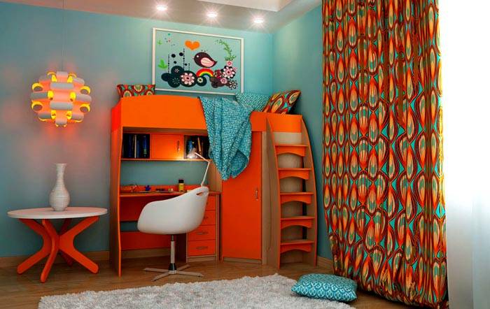 Тук единството на изображението се подчертава не само от общата цветова схема, но и от плавните линии на парапетите на стълбището, шарката на завесите и други интериорни елементи.