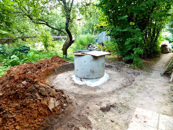 Die Außenfläche des oberen Teils der Ringe kann mit Plastikfolie abgedeckt werden. Als nächstes wird eine Lehmburg installiert. In der letzten Phase - ein blinder Bereich aus Beton