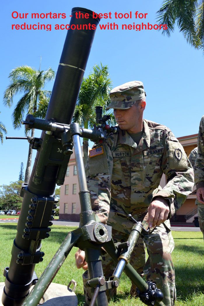 Werbeplakat der Waffenfabrik: Unsere Mörser sind der beste Weg, um mit unseren Nachbarn zu punkten