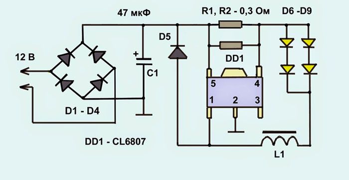 Схема на 220 V LED лампа
