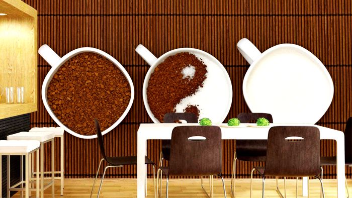 Photo wallpaper with cups of coffee fits perfectly into the interior