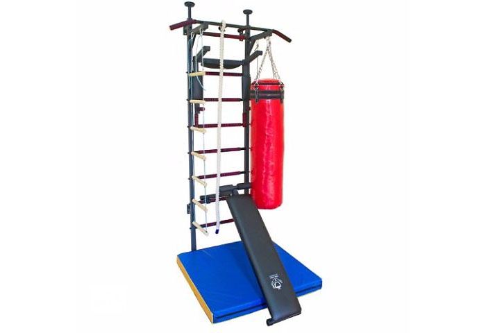 Σουηδικός τοίχος ενισχυμένος με Fitness Pro Premium New με σάκο ζουμπάρισμα, πάγκο για πρέσα και πρέσα, καθώς και σχοινί και σκάλα