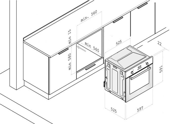 Layout of the built-in oven of a standard size in the internal space of the kitchen furniture frame