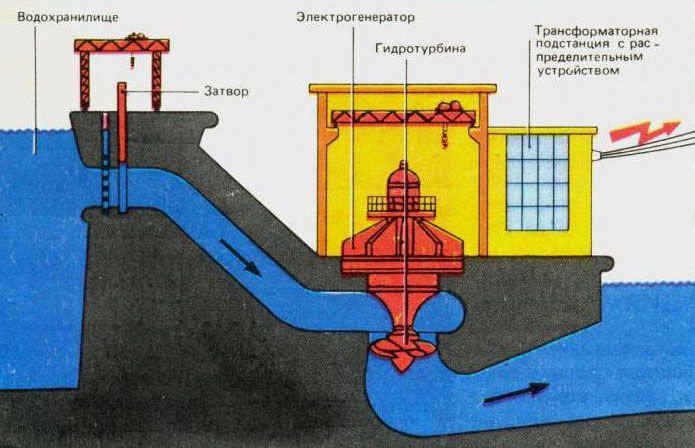 Schematic representation of a dam-type hydroelectric power plant