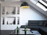 ในห้องใต้หลังคาคุณสามารถสร้างห้องนั่งเล่นเต็มรูปแบบได้อย่างง่ายดาย มีการปรับตำแหน่งของเฟอร์นิเจอร์โดยคำนึงถึงความสูงจริงของเพดาน ในการทำให้หน้าต่างมืดลงให้ใช้มู่ลี่พิเศษพร้อมไกด์ที่ยึดผ้าใบ