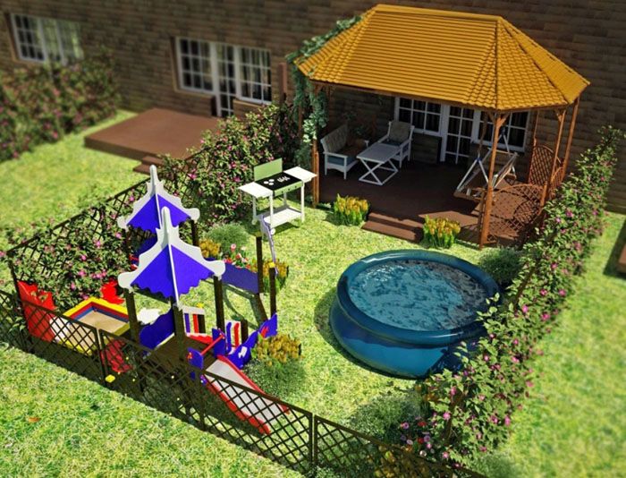 ในพื้นที่ขนาดเล็กคุณสามารถวางสนามเด็กเล่นเฉลียงพร้อมหลังคาสระว่ายน้ำ นี่เป็นอีกตัวอย่างที่ดีของประโยชน์ของการสร้างแบบจำลองซอฟต์แวร์