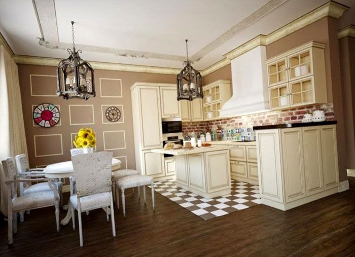 องค์ประกอบที่เป็นประโยชน์คือการแทรกกระเบื้องเซรามิกในพื้นที่ทำงาน ข้อต่อทางเทคโนโลยีถูกสร้างขึ้นระหว่างพื้นที่นี้และพื้นไม้ที่ปิดทับเพื่อชดเชยการขยายตัวทางความร้อน