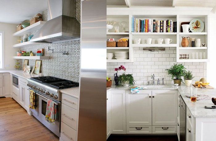 Compact open shelves, instead of large wall cabinets, are good ideas in the photo for creating a harmonious design of a small kitchen in an apartment