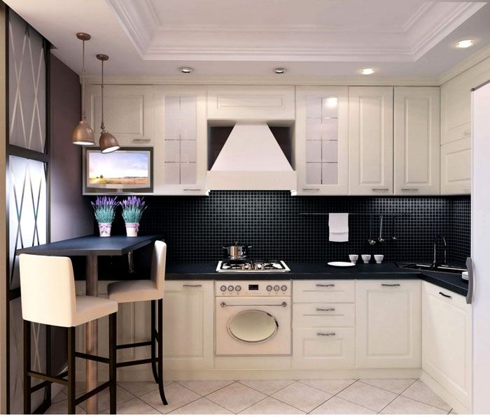 In a square kitchen, even with a small area, you can install cabinet furniture in the traditional way, with the letter G
