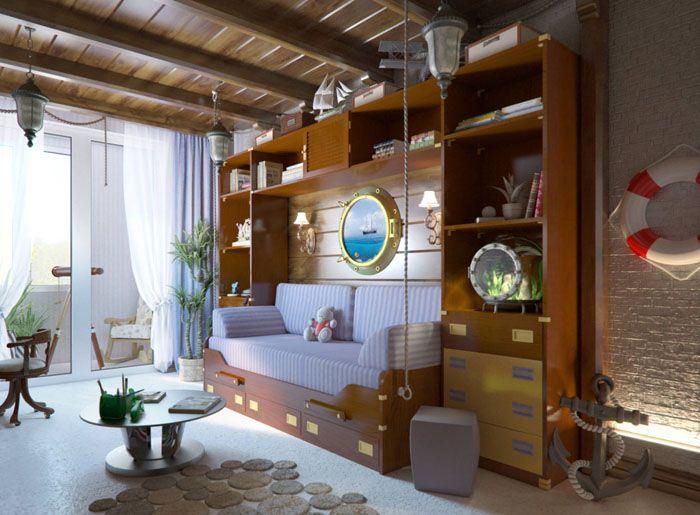 La ressemblance totale avec une cabine sur un navire est obtenue non seulement en raison de la conception boisée de la majeure partie de la pièce, mais également en raison d'attributs tels qu'une ancre et une bouée de sauvetage