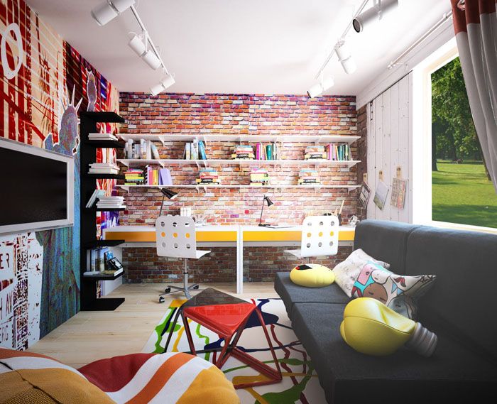 Une pièce aux couleurs vives et un mur de briques qui les noie, comme pour citer une humeur adolescente qui change souvent