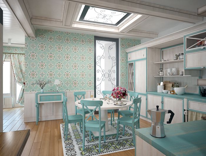 A white round table has gathered around a fairly saturated color of chairs, but everything together is obviously combined with the tone of the walls