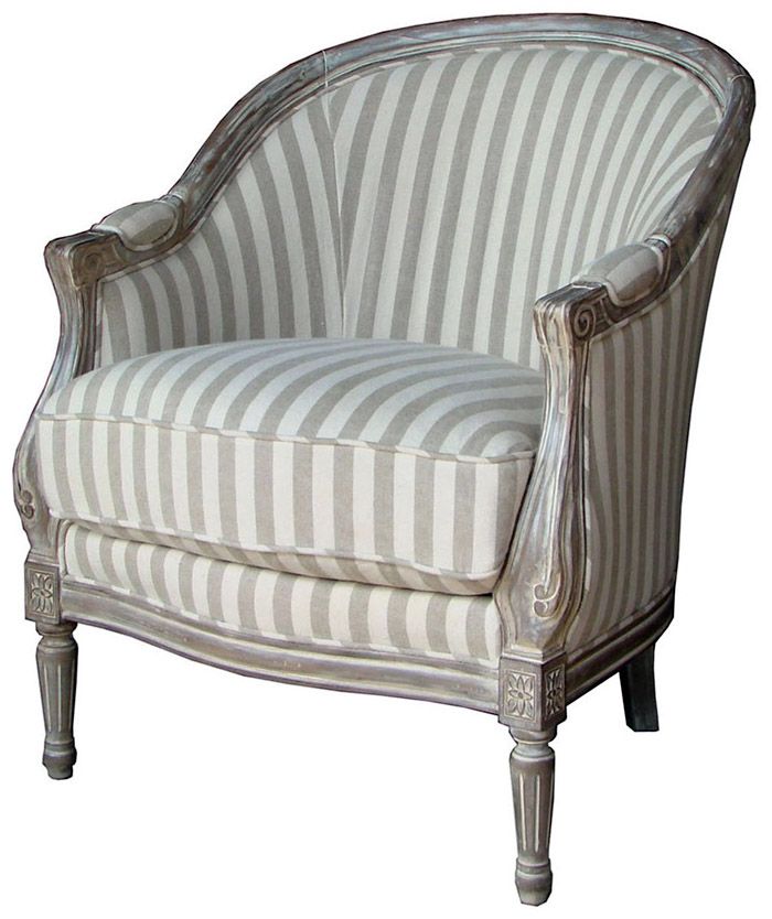 A striped armchair with aged metal elements will not be superfluous in a floral living room or bedroom