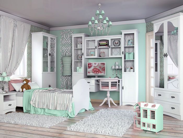 Cute nursery for a school-age child. Delicate mint shades, a pleasant ornament, lamps that echo each other and a chandelier - everything is in place here. Nothing to darken the look of the room