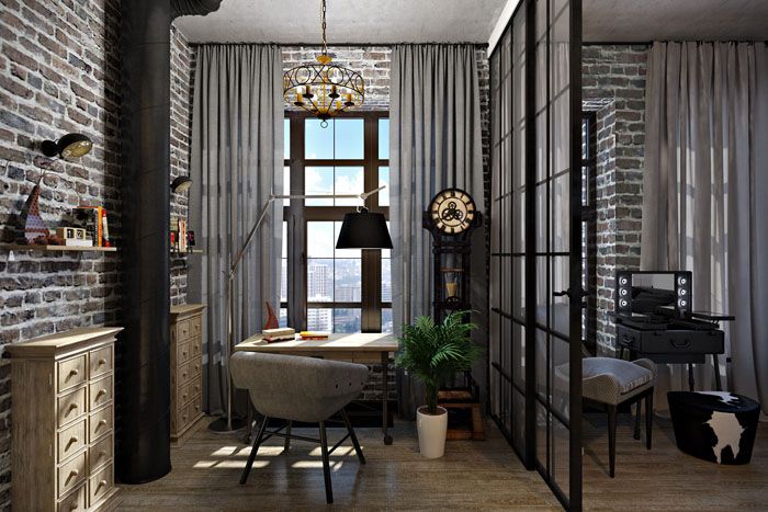 La lampada da terra in metallo è in armonia con le pareti in mattoni e non sembra ingombrante