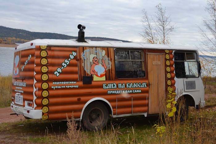 Sauna on wheels based on a PAZ bus