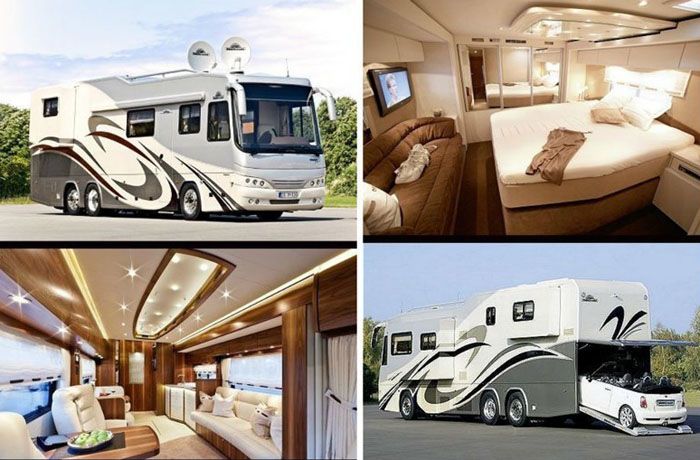 รถบ้านรุ่นใหม่สามารถติดตั้งได้ไม่เพียง แต่กับสถานที่พักผ่อน แต่ยังมีโรงรถสำหรับรถยนต์นั่งในการออกแบบอีกด้วย