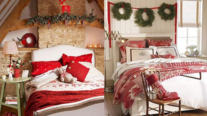 Bilik tidur dihiasi dengan karangan bunga, kaus kaki, but, tekstil bertema dan kalungan