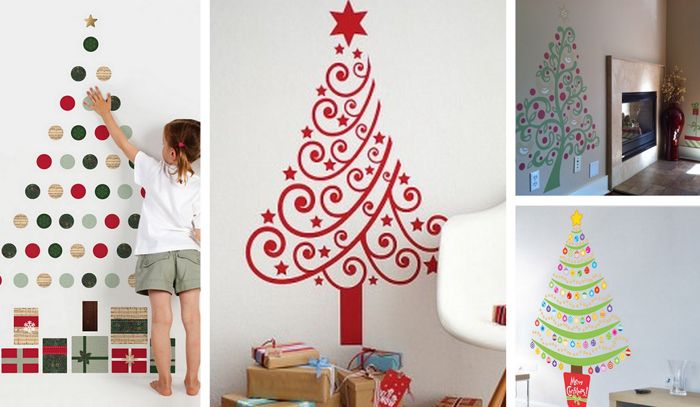 Modelele sunt decupate din folie de vinil auto-adezivă (oracol) și modele interesante de pomi de Crăciun sunt decorate pe perete. Un astfel de produs este îndepărtat fără deteriorarea suprafețelor