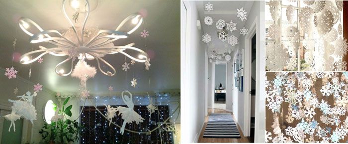 Șabloanele de balerină sunt ușor de obținut - totuși, precum și desenați singuri siluete. Este mai bine să instruiți copiii să taie fuste: acestea sunt fulgi de zăpadă obișnuiți din hârtie