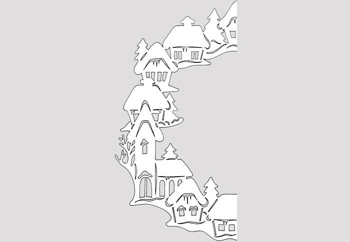 Λυγίζοντας ένα φύλλο χαρτιού Whatman στο μισό και τραβώντας ένα μέρος του στεφανιού στο μισό πιο κοντά στο δίπλωμα, κόψτε και τα δύο μισά ταυτόχρονα. Αποδεικνύεται ένα πλήρες εορταστικό στεφάνι