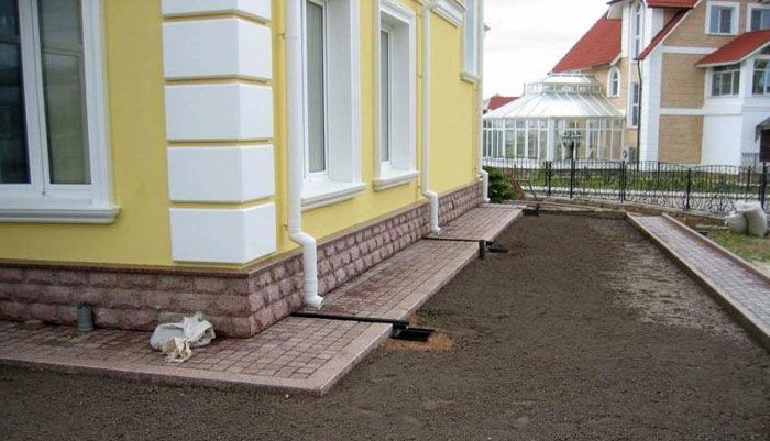 При изграждането на сляпа зона, местоположението на улуците от покрива на сградата, както и местоположението на дренажната система (кладенци и тръби за канализация)