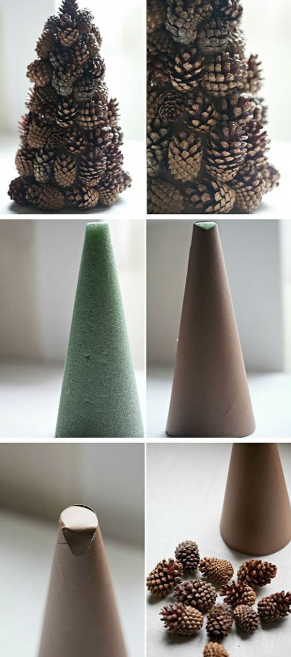 Материалът е залепен към конуса с горещо лепило. Няма нужда да бързате, особено ако шишарките са с различни размери