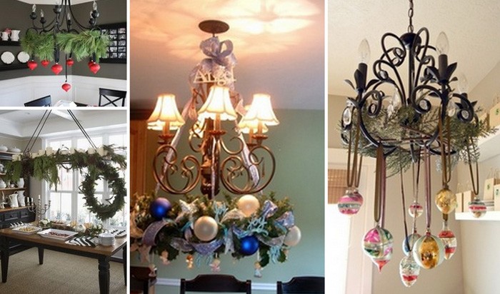 The easiest thing to do is to decorate the chandelier with New Year's toys and garlands.