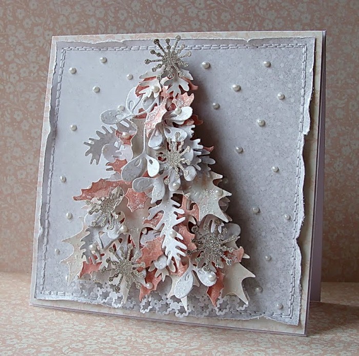 Christmas trees on postcards are decorated with snowflakes