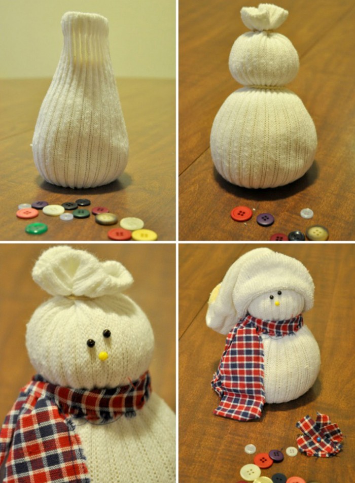 We cut off the upper part from the sock - it is from it that we will sew a winter toy - and work according to the step-by-step instructions in the photo