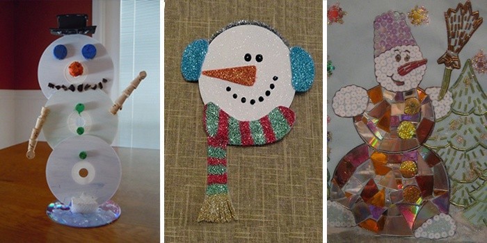 If you coat the disc with PVA glue and sprinkle it with glitter, you get a funny face of a snowman. Also, if you use a thermal gun, it's easy to get a funny figure out of three discs.