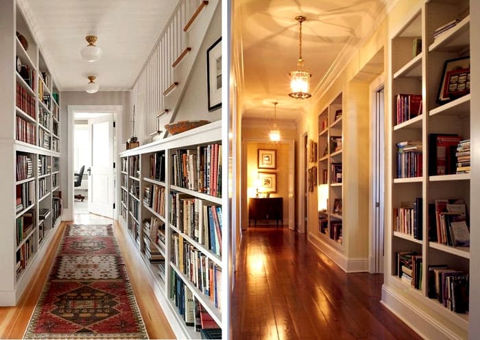 The corridor should not be overly heavy, so shallow racks and shelves that do not occupy the entire wall space are selected for it