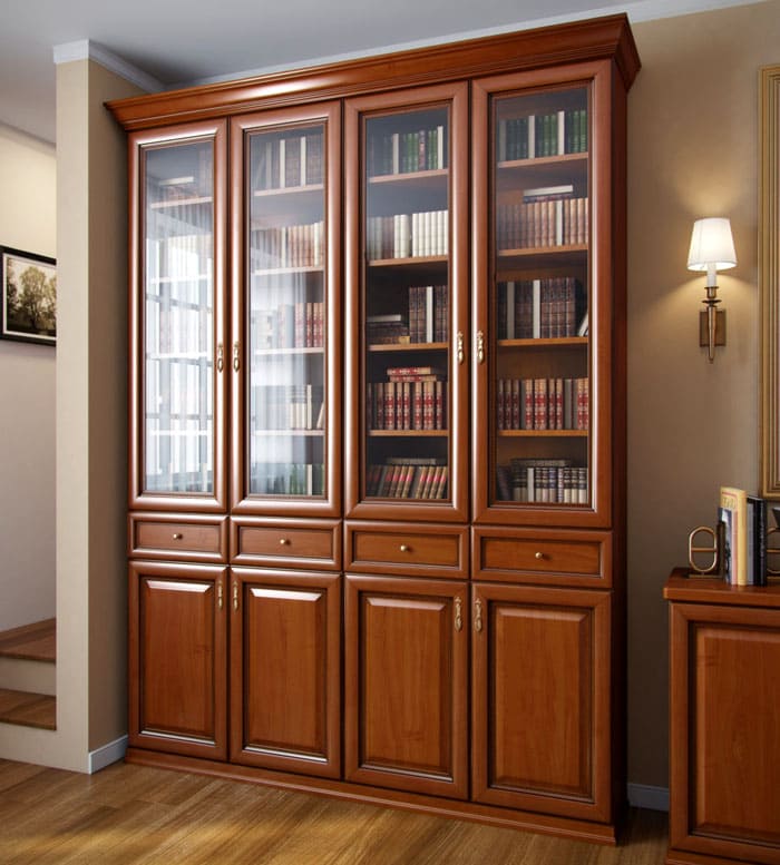 Hinged doors protect books from dust, and through the glass you can admire the library