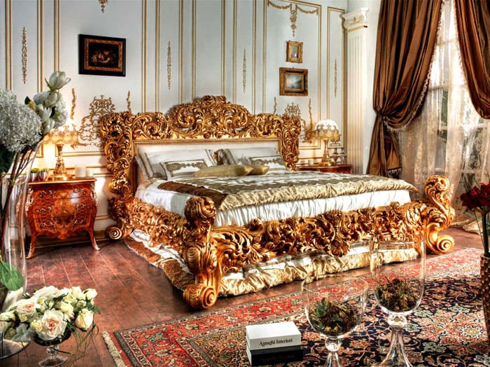 The main component of the bedroom is the bed, richly decorated with carved gilded elements. You can already have minor items and accessories around