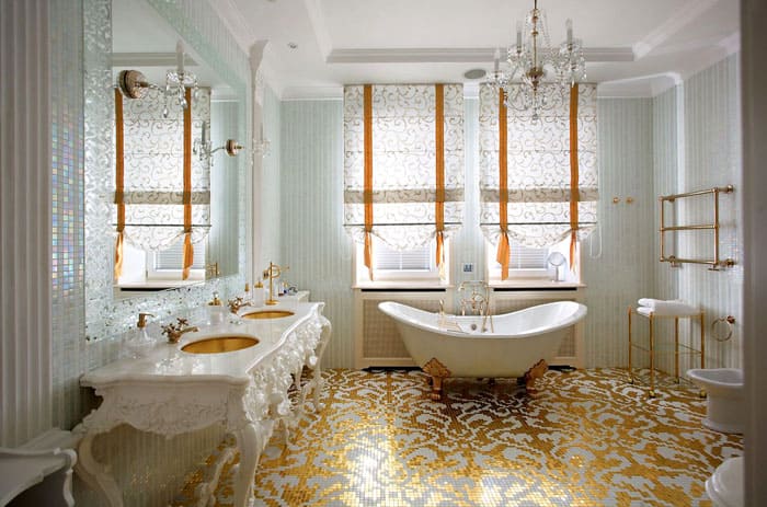 Bringing modernity doesn't spoil the bathroom at all. The gilding moves to the floor, and the furniture, with its artistic carvings, is beautiful even in white.