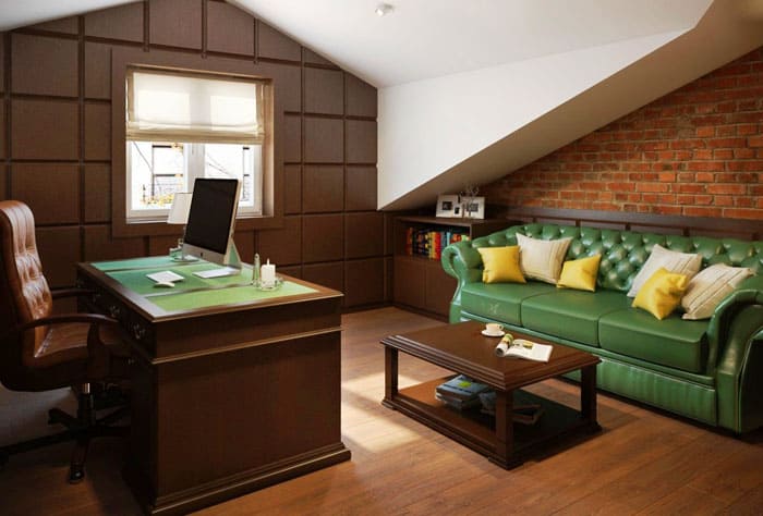 Недразнещата комбинация от бели, кафяви, зелени и тухлени цветове допринася за работно настроение