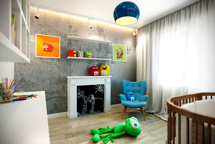 Бруталността е смекчена с тюл и ярки акценти под формата на плакати, плакати, картини и играчки