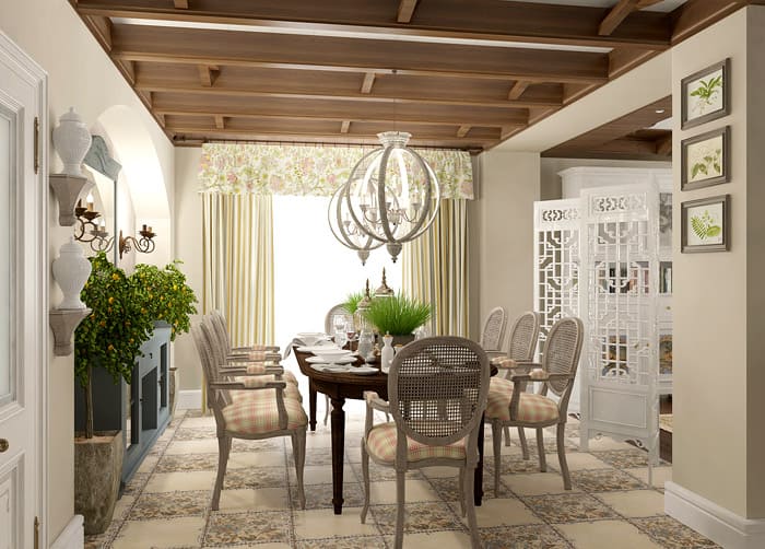 An der Decke werden Balken für die Provence und das Land verwendet, die von Holz unberührt bleiben oder in hellen Farben gestrichen sind