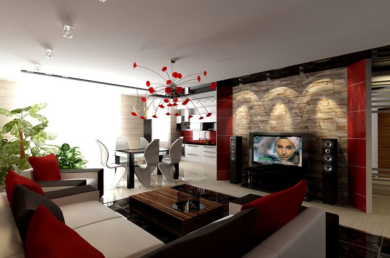 Mehrere Farben gedämpfter Farbtöne und eine strukturierte TV-Wand: So wird es modern und schön